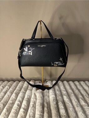 Karl Lagerfeld Black Satchel with White and Gold Graphic Details NWT